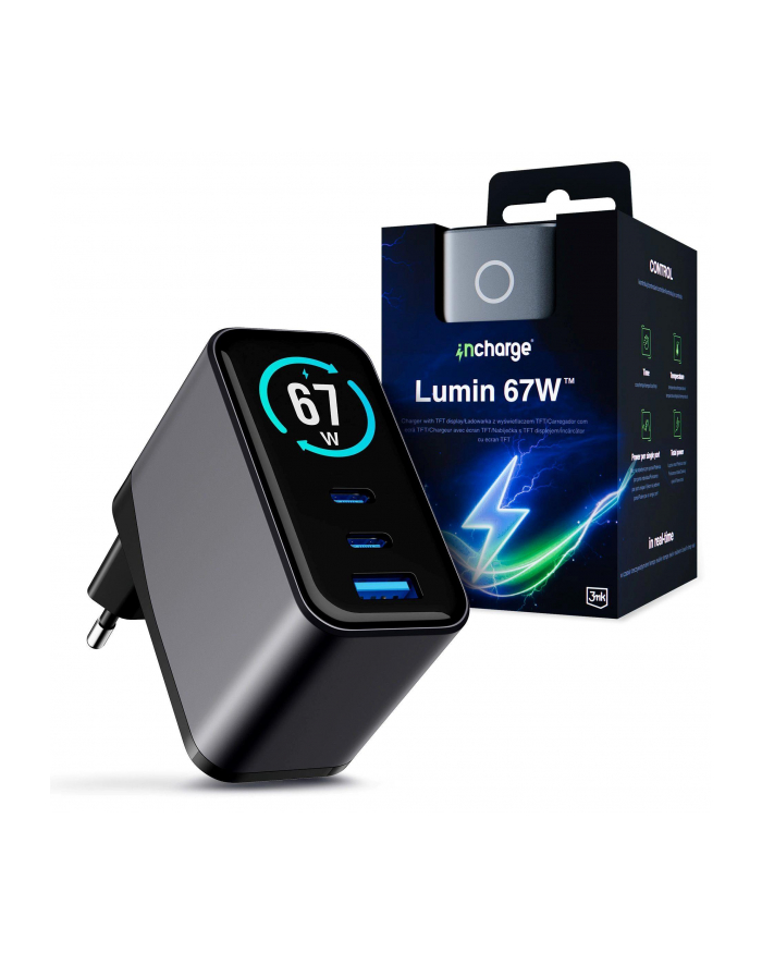 3mk pczerwonyection Ładowarka sieciowa 3mk incharge® Lumin 67W z wyświetlaczem TFT QC 4+ PPS USB-C USB-A główny