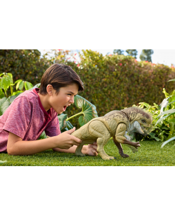 Mattel Jurassic World Odrodzenie Dinozaur przeciwnik Groźne natarcie Figurka dinozaura (55,5 cm) z 2 atakami JGB58