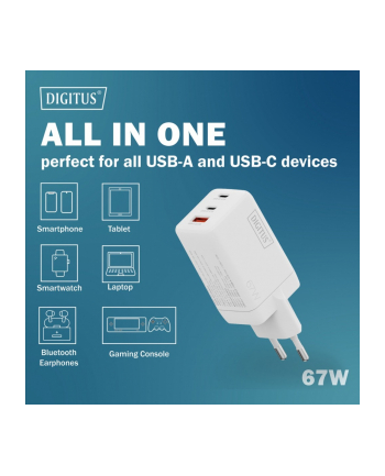 digitus Ładowarka sieciowa/zasilacz USB GaN 67W, 2x USB-C, 1x USB-A, biała