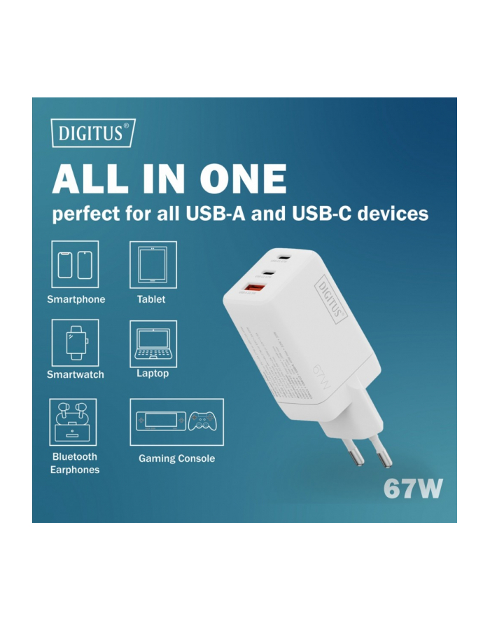 digitus Ładowarka sieciowa/zasilacz USB GaN 67W, 2x USB-C, 1x USB-A, biała główny