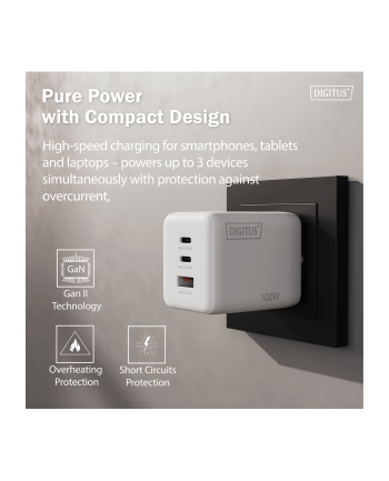 digitus Ładowarka sieciowa/zasilacz USB GaN 100W, 2x USB-C, 1x USB-A, biała