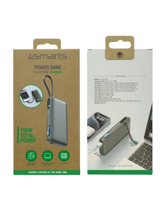 4smarts Powerbank Enterprise 20000mAh 165W z wbudowanym kablem USB-C LCD główny
