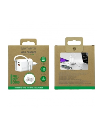 4smarts Ładowarka sieciowa Flex Jojo 65W GaN 2xUSB-C + USB-A Biała       rozwijany wbudowany kabel