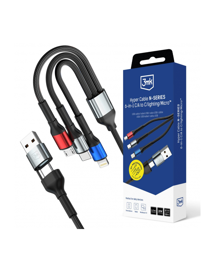 3mk pczerwonyection Kabel USB 3mk Hyper Cable N-SERIES 6-in-1 C/A to C/Lighting/Micro 18W 9V/2A QC 3.0 1,2m główny