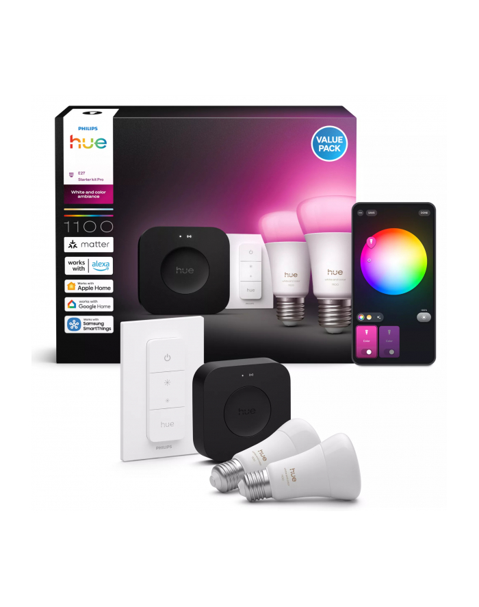 Philips Hue Bridge Pro + 2 x E27 + regulator przyciemniania Zestaw startowy: 2 inteligentne żarówki E27 + regulator przyciemniania + Bridge Pro główny