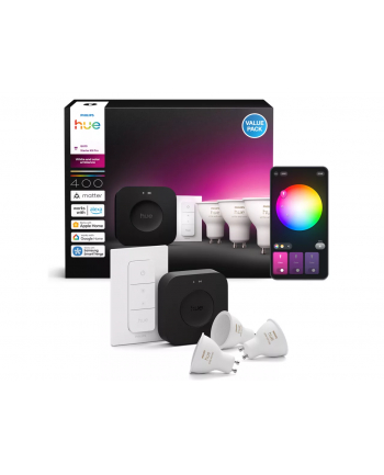 Philips Hue Bridge Pro + 3 x GU10 + regulator przyciemniania Zestaw startowy: 3 żarówki GU10 + regulator przyciemniania + Bridge Pro
