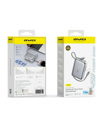 awei Powerbank C03 20000mAh 45W USB-A/USB-C + kable Lightning         USB-C - srebrny