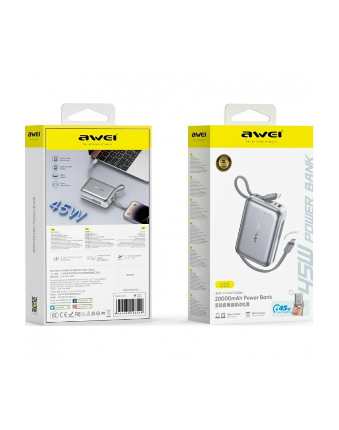 awei Powerbank C03 20000mAh 45W USB-A/USB-C + kable Lightning         USB-C - srebrny główny