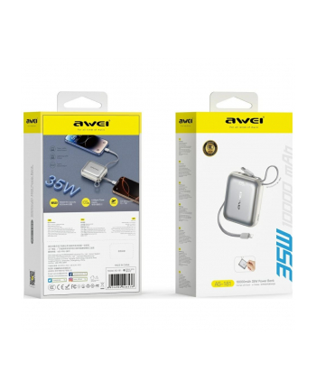 awei Powerbank AS-181 35W 10000mAh + kable Lightning i USB-C srebrny