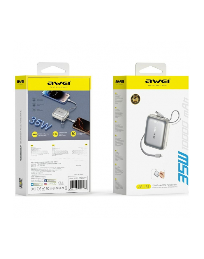 awei Powerbank AS-181 35W 10000mAh + kable Lightning i USB-C srebrny główny