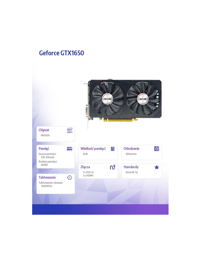 afox Karta graficzna - Geforce GTX1650 4GB GDDR6 128Bit DVI HDMI ATX Fan V6 główny