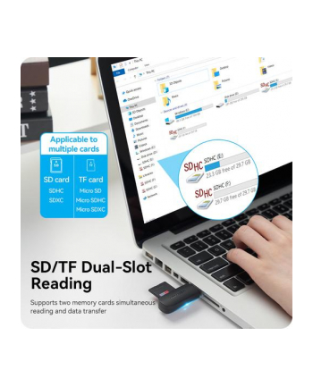 Czytnik kart 2 w 1 USB 30 A Vention (SD+TF) czarny Dual Drive Letter