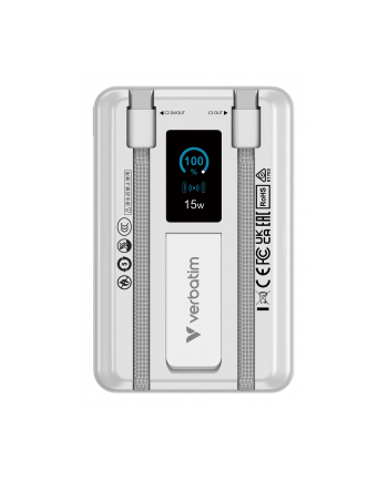 Powerbank Verbatim Charge 'n' Go 2C Display Magnetic Wireless 10000mAh 3xUSB-C PD 3.0 QC 3.0 Srebrny