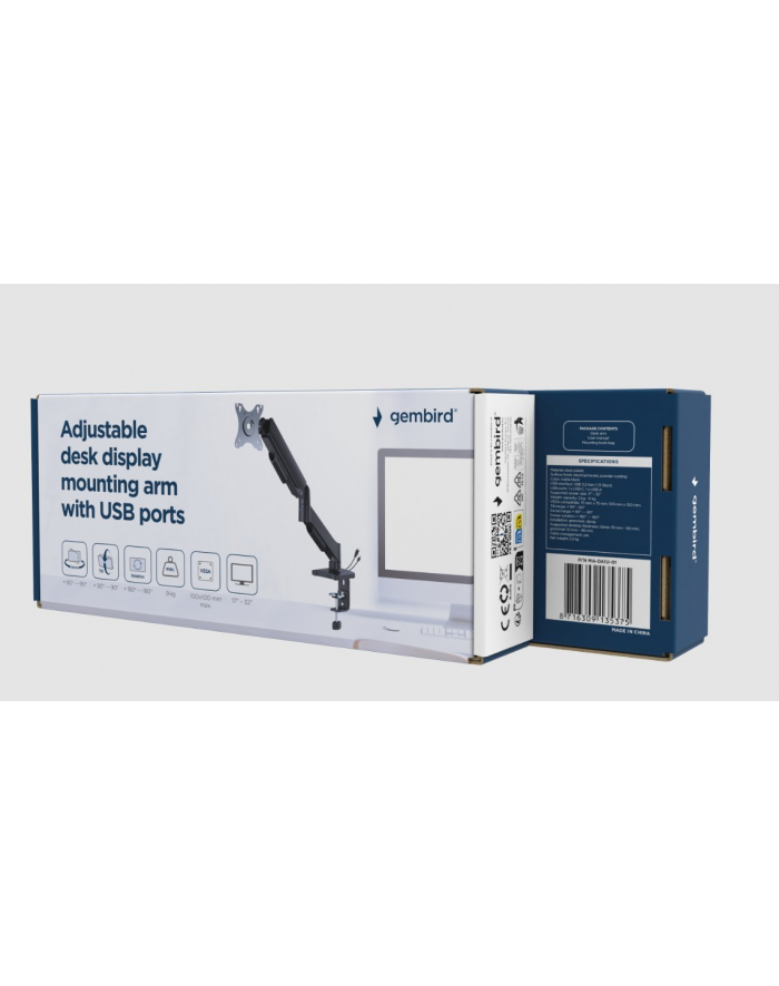 gembird Ramię biurkowe na jeden monitor z portami USB,          regulowane,  od 17 do 32 '', obciążenie do 9kg główny