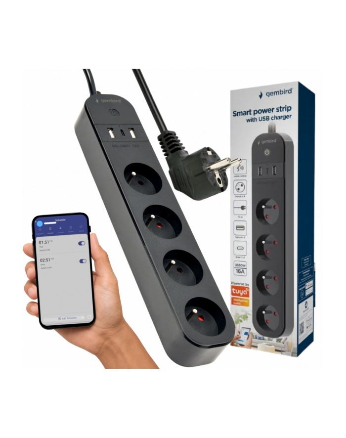 gembird Inteligentna listwa zasilająca Tuya 4xFR 2xUSB-A 1xUSB-C Czarna główny