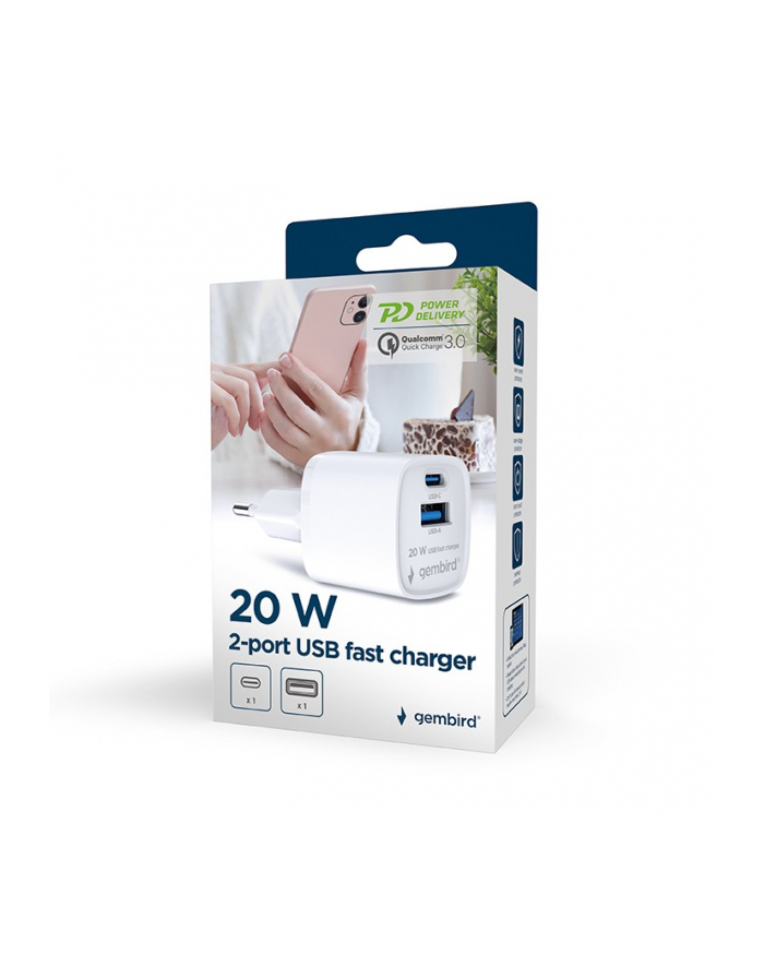 gembird Szybka ładowarka USB z 2 portami i gniazdem AC, 20W, biała główny