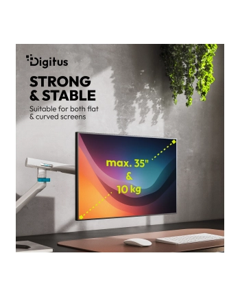digitus Ramię biurkowe pojedyncze z zaciskiem i sprężyną mechaniczną 1x LCD max. 35' 10kg, VESA: 75x75, 100x100, białe