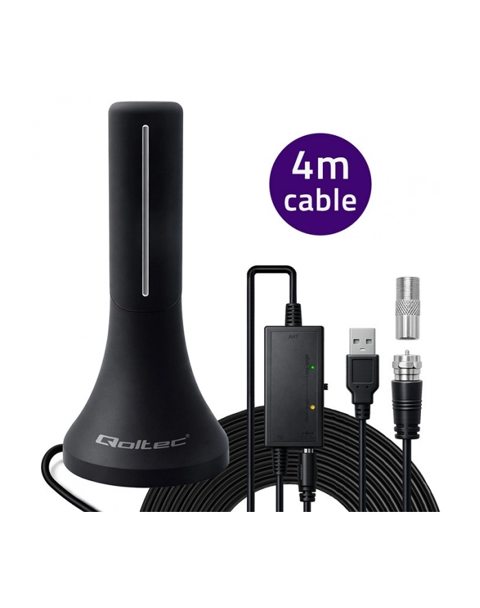 qoltec Wewnętrzna antena DVB-T/T2 | wzmacniacz sygnału | 4K | wysoki zysk 32dBi | kabel 4m główny