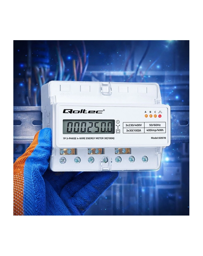 qoltec Trójfazowy elektroniczny licznik | miernik zużycia energii na szynę DIN | 400V | 100A | LCD | LED | 7P główny