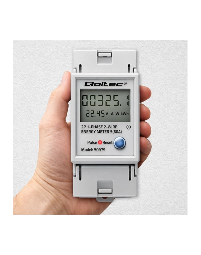 qoltec Jednofazowy elektroniczny licznik zużycia energii na szynę DIN | RESET | licznik okresowy i stały | 230V | 60A | LCD | LED | 2P główny