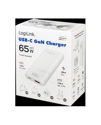 Ładowarka sieciowa podróżna LogiLink PA0376 USB GaN, 65 W, 1x USB-C (PD), 1x USB-A (QC), biała nr 1