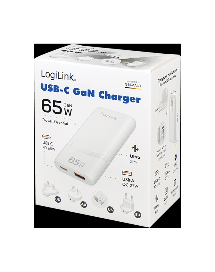 Ładowarka sieciowa podróżna LogiLink PA0376 USB GaN, 65 W, 1x USB-C (PD), 1x USB-A (QC), biała główny