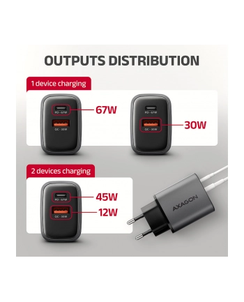 axagon Ładowarka sieciowa ACU-PQ67 PD'QC 67W 2-port GaN, USB-A + USB-C