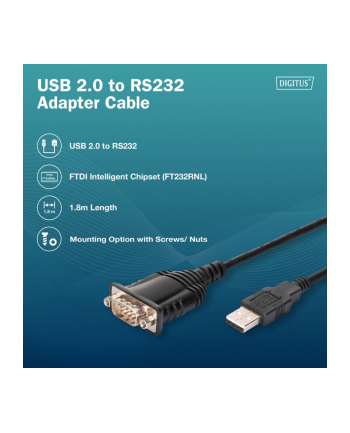 digitus Kabel adapter USB 2.0 do RS232 (DB9) | Chipset FTDI (FT232RNL) | PVC, czarny | Mocowanie w tulejkach gwintowanych | 1.8m nr 2