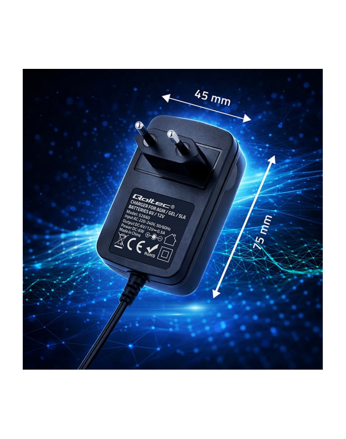qoltec Ładowarka do akumulatora AGM GEL STD | Prostownik 6V/12V | 6W |  5.5x2.1 | kabel 1.8m główny