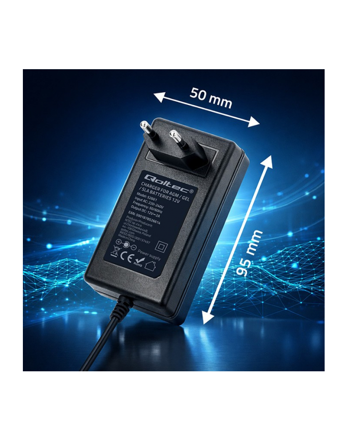 qoltec Ładowarka do akumulatora AGM GEL | Prostownik 12V | 2A | 24W |   5.5x2.1 | kabel 1.8m główny