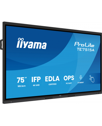 iiyama Monitor interaktywny 75 '' TE7515A-B2AG, VA,4K,40pkt,550cd,DeepContrast-IR+,    HDMI x2,DP,USB-C, 2 x 20W, OPS Slot x1, 5xUSB, 2xRJ45,8-Array,EDLA,
