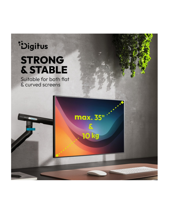 digitus Ramię biurkowe pojedyncze z zaciskiem i sprężyną mechaniczną 1x LCD max. 35' 10kg, VESA: 75x75, 100x100, czarne główny