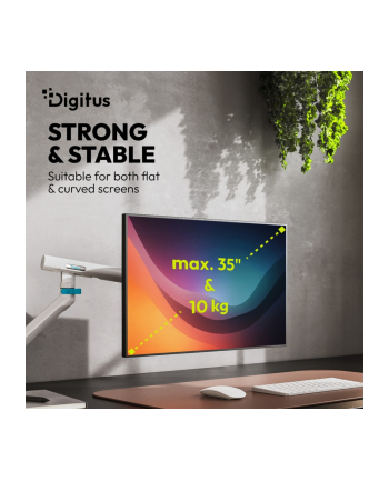 digitus Ramię biurkowe pojedyncze z zaciskiem i sprężyną mechaniczną 1x LCD max. 35' 10kg, VESA: 75x75, 100x100, białe