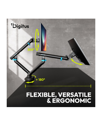 digitus Ramię biurkowe podwójne z zaciskiem i sprężyną mechaniczną 2x LCD max. 35' obciążenie 2x10kg, VESA: 75x75, 100x100, czarne