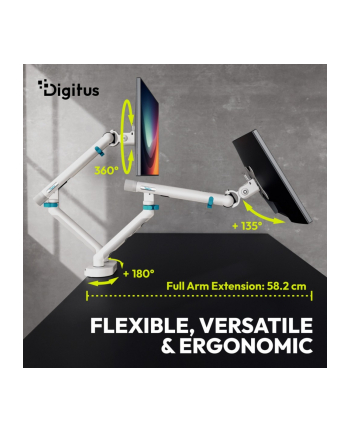 digitus Ramię biurkowe podwójne z zaciskiem i sprężyną mechaniczną 2x LCD max. 35' obciążenie 2x10kg, VESA: 75x75, 100x100, białe