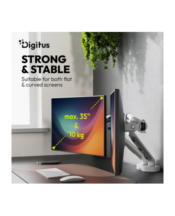 digitus Ramię biurkowe podwójne z zaciskiem i sprężyną mechaniczną 2x LCD max. 35' obciążenie 2x10kg, VESA: 75x75, 100x100, białe