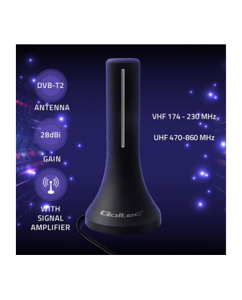 qoltec Wewnętrzna antena DVB-T/T2 | wzmacniacz sygnału | 4K | wysoki zysk 32dBi | kabel 4m