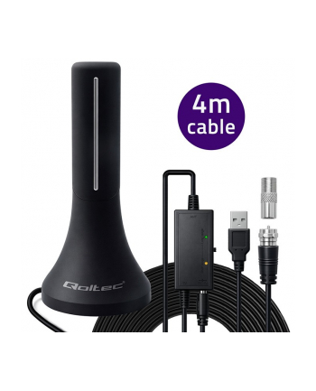 qoltec Wewnętrzna antena DVB-T/T2 | wzmacniacz sygnału | 4K | wysoki zysk 32dBi | kabel 4m