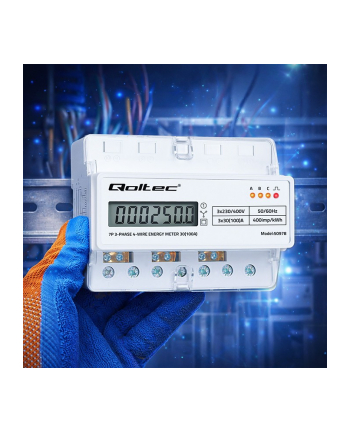 qoltec Trójfazowy elektroniczny licznik | miernik zużycia energii na szynę DIN | 400V | 100A | LCD | LED | 7P