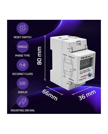 qoltec Jednofazowy elektroniczny licznik zużycia energii na szynę DIN | RESET | licznik okresowy i stały | 230V | 60A | LCD | LED | 2P