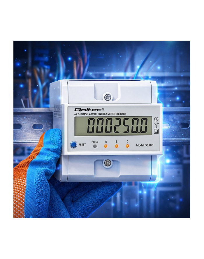 qoltec Trójfazowy elektroniczny licznik z resetem | miernik zużycia energii na szynę DIN | 400V | 100A | LCD | LED | 4P główny