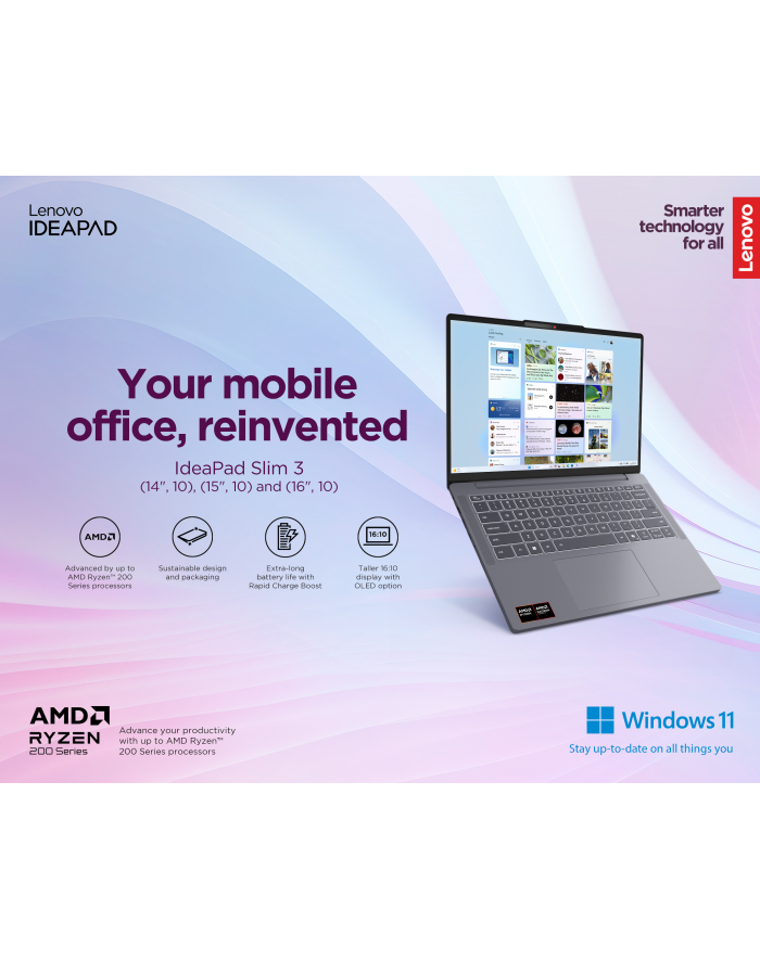 Lenovo IdeaPad Slim 3 15AMN8 | Arctic Grey | 15.6 '' | TN | FHD | 1920 x 1080 pixels | Anti-glare | AMD Ryzen 3 | 7320U | 16 GB | Soldered LPDDR5 | Solid-state drive capacity 512 GB | AMD Radeon 610M Graphics | Windows 11 Home | 802.11ax | Blue główny