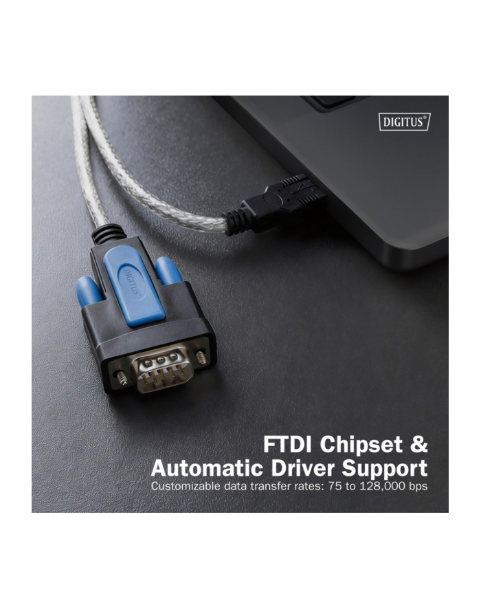 digitus Kabel adapter USB 2.0 do RS232 (DB9) | Chipset FTDI (FT232RNL) | PVC, transparentny | Mocowanie na śruby | 1.8m główny