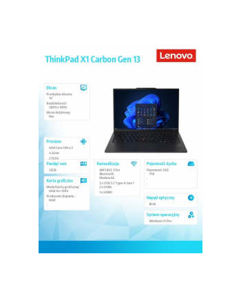 lenovo Ultrabook ThinkPad X1 Carbon G13 21NS0125PB W11Pro ULT5 228V/32GB/1TB/INT/14.0 WUXGA/Black/3YR CI + CO2 offset + 3YR Premier
