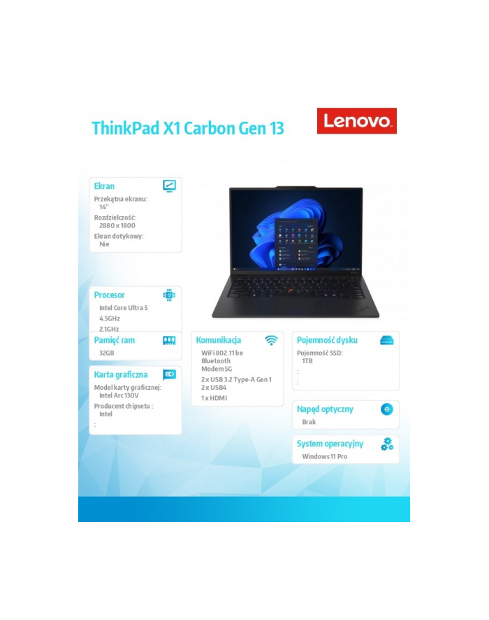 lenovo Ultrabook ThinkPad X1 Carbon G13 21NS0125PB W11Pro ULT5 228V/32GB/1TB/INT/14.0 WUXGA/Black/3YR CI + CO2 offset + 3YR Premier główny
