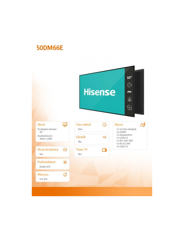 hisense Monitor LFD 50DM66E 50'' 4K UHD IPS Digital Signage Display 24/7 główny