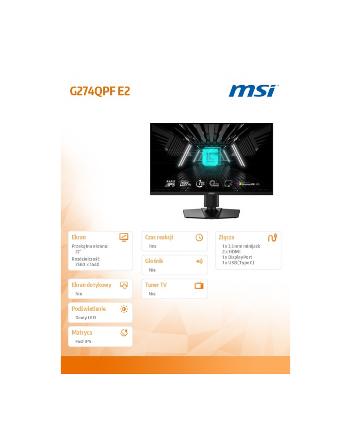 msi Monitor G274QPF E2 27 '' /LED/QHD/Flat/180Hz/czarny główny