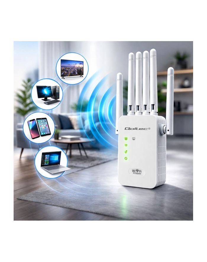 qoltec Wzmacniacz sygnału WiFi | Repeater | Access Point | 300Mb/s | 6  anten | 2xRJ45 główny