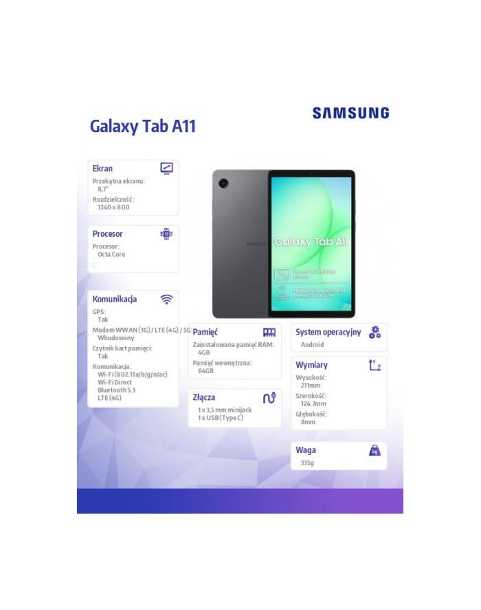samsung Tablet Galaxy Tab A11 X135 4G 8.7 cala 8/128GB Szary główny