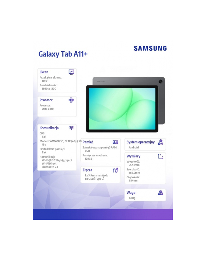samsung Tablet Galaxy Tab A11+ X230 10.9 cala Wi-Fi 6/128GB Szary główny